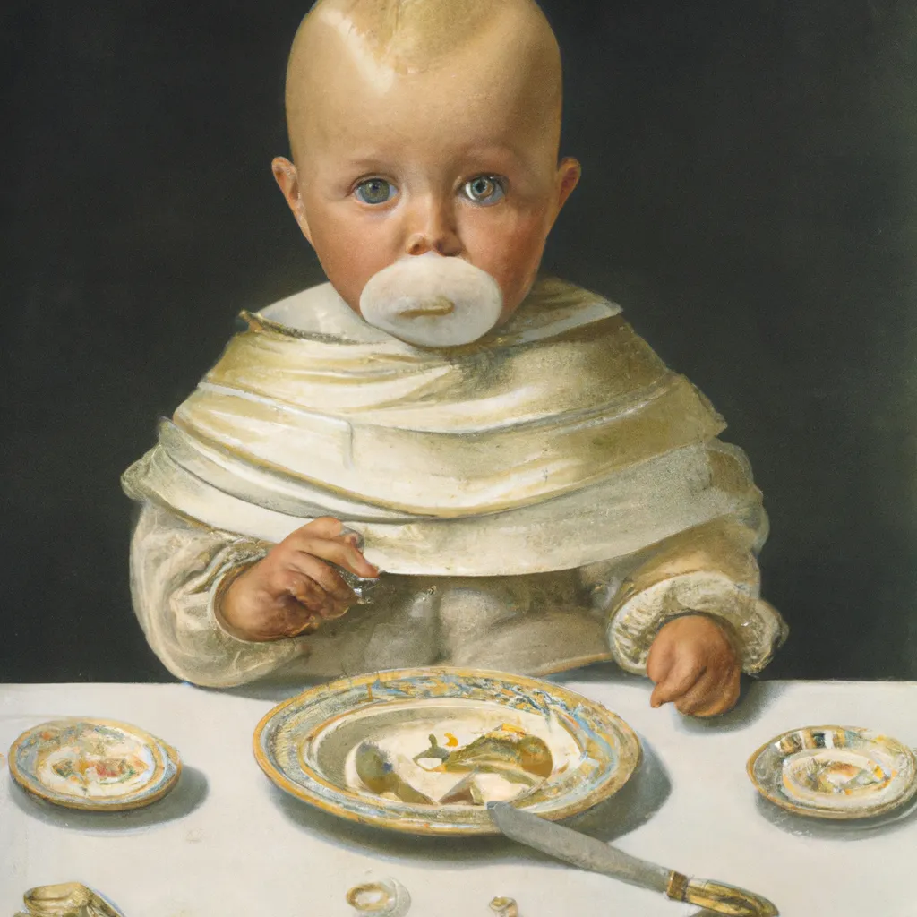 Prompt: Baby With Food Covered Face at Dinner, Flemish Style Painting.