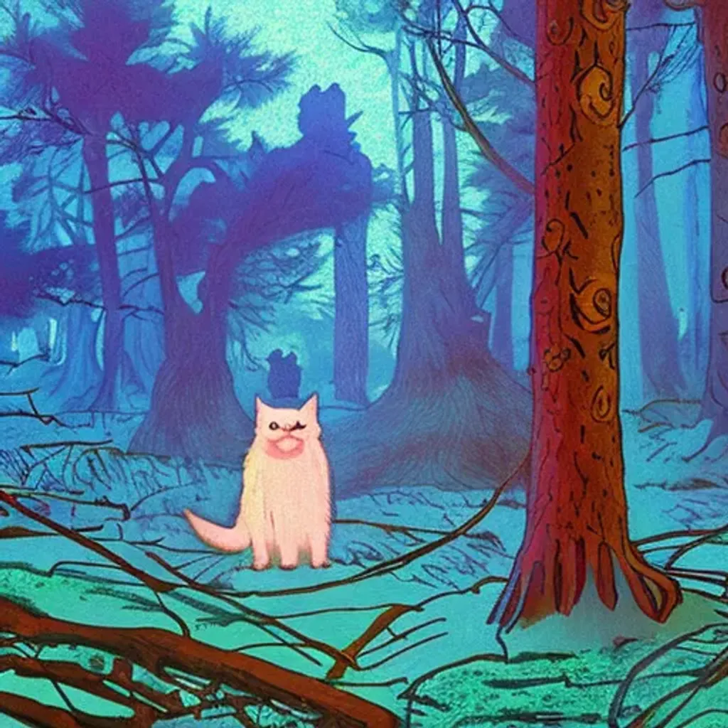 Prompt: a persian cat by painted by goya and by Moebius and Ashley Wood in a fluorescent forest