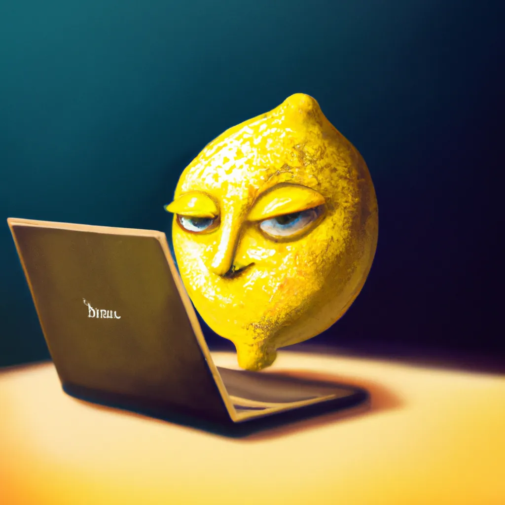 Prompt: An intelligent lemon sits at a laptop, creating an image of a lemon. Textless. Cinematic. Trending on ArtStation. Beautiful detailed painting. Textless. 