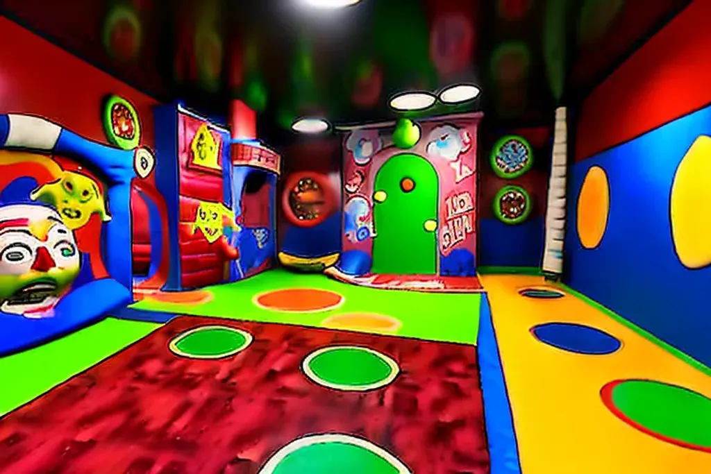 Prompt: a realistic 8K high definition paneramic of the "Nostalgic Funhouse" level in a virtual environment. The funhouse is depicted as having a colorful, cartoonish appearance, but with disturbing and nightmarish elements. The environment includes an infinite soft play area with bouncy castles and tube slides, as well as an open tunnel. The style is described as being " horrifying, hellish, colorful, liminal, unsettling,  nostalgic, nightmarish ,abnormal, abandoned, random, demonic, " with influences of abstract expressionism and parallax. The overall look is meant to be hyper realistic and captured in 8K high definition.