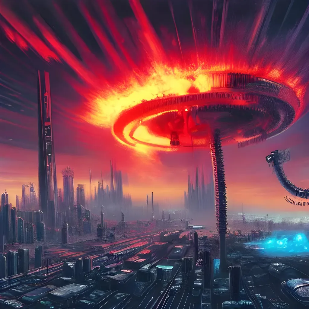 Prompt: A thermonuclear explosion rocks the cyberpunk city of tomorrow, blade runner, alien landscape, city in ruins, incredible vista, tech, in the style of a very highly detailed oil painting, xenomorphic