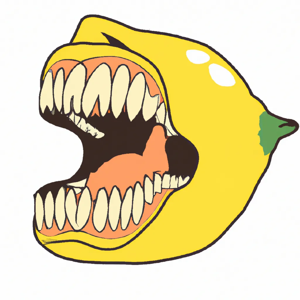 Prompt: a lemon with a open mouth that is through its middle that has razor sharp teeth