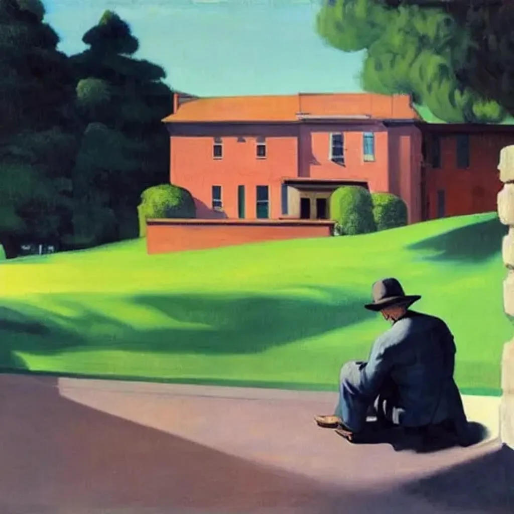 Prompt: Two Italian mobsters stake out the home of an Irishman with intent, by Edward Hopper