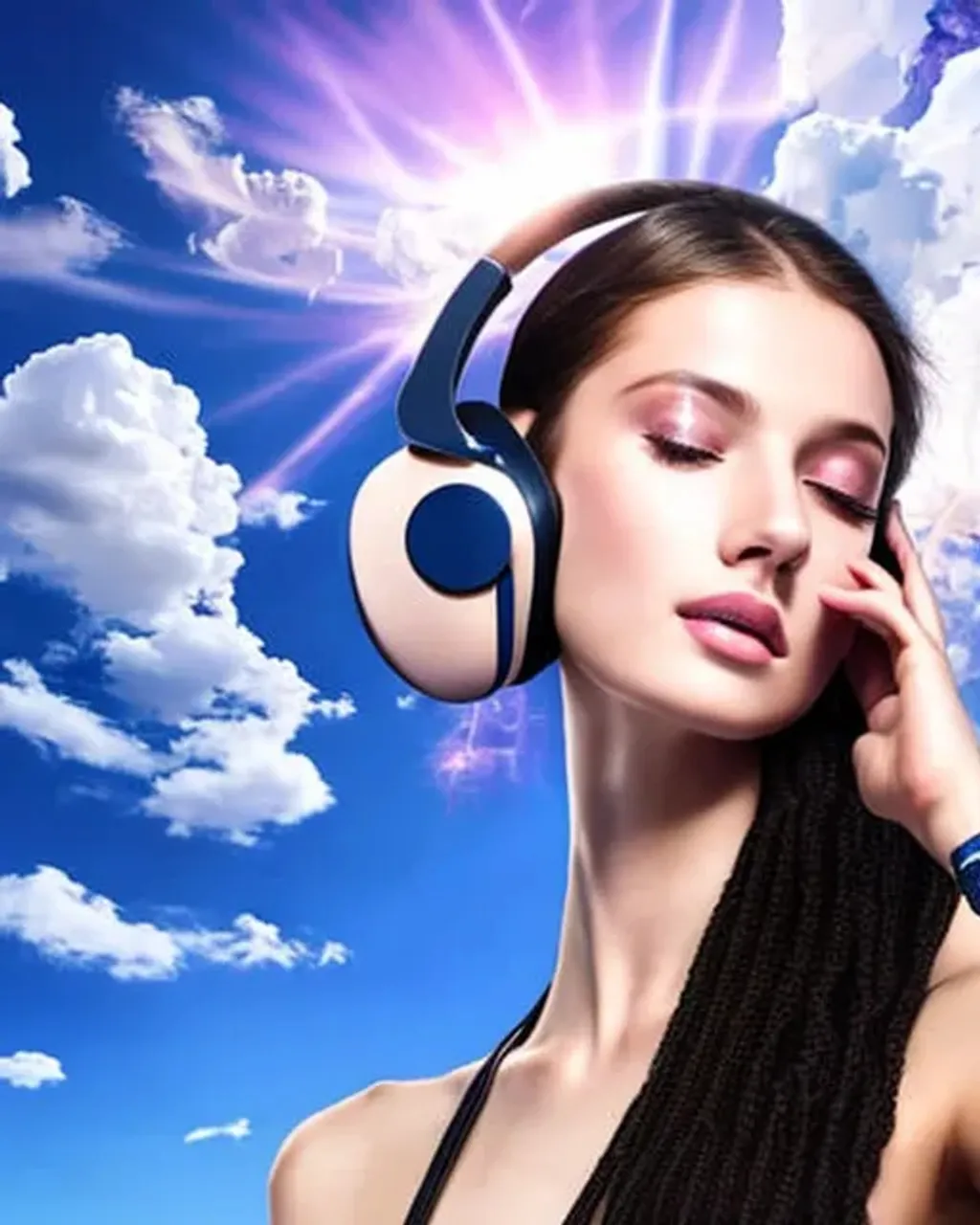 Prompt: dj of the clouds, wireless futuristic elegant headphones, Campanula style, female, sunlight, heavenly clouds background, intricate, smiling, oil on canvas, masterpiece, expert, insanely detailed, 8k, composition, Tom Blackwell, Anna Dittmann, Rubens on MDMA