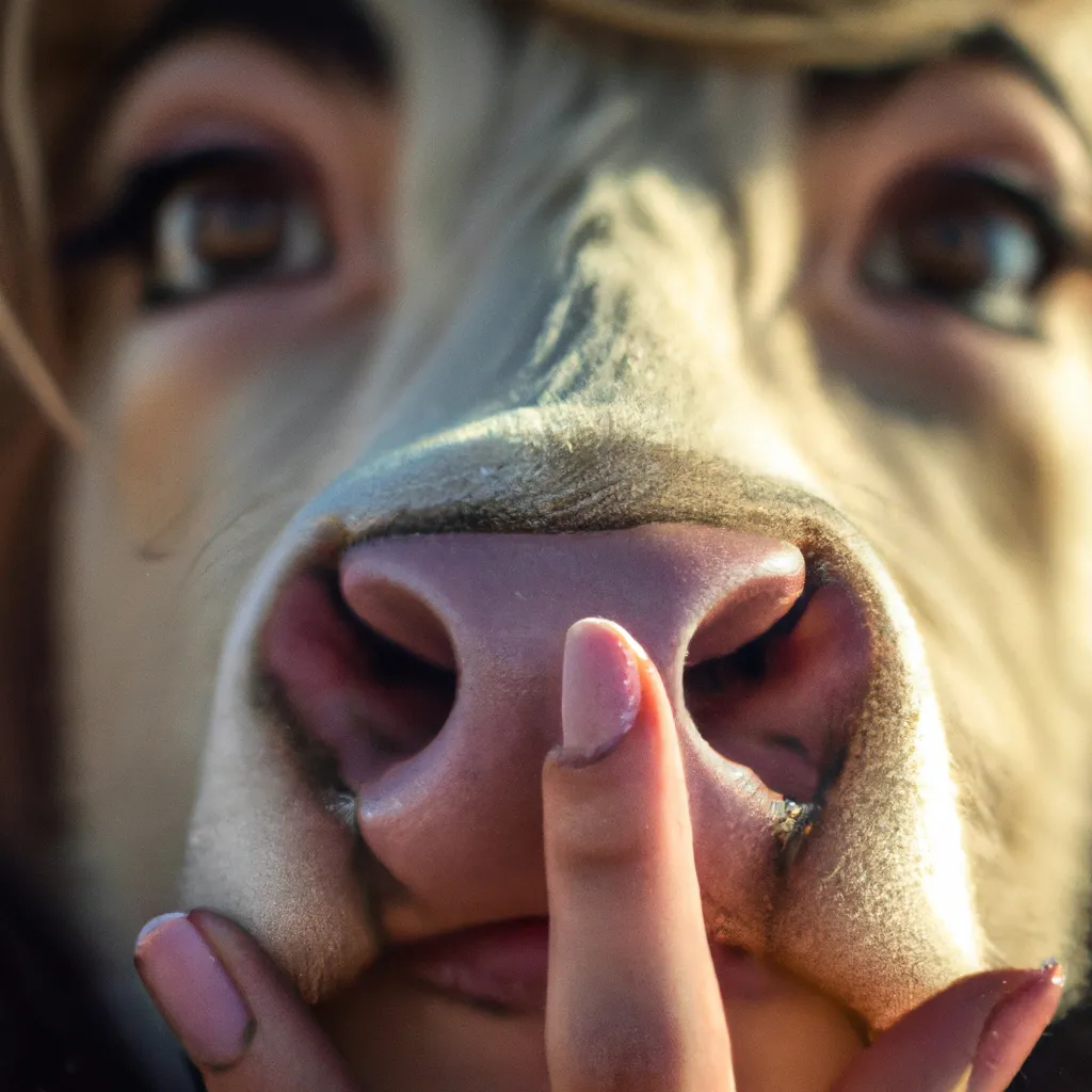 Prompt: photo of a cute womans face that has a hybrid cow nose. She has a wide septum. Hand on her face. Cow nostrils