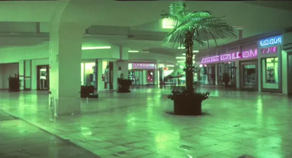 Prompt: 80's liminal nostalgic indoor vaporwave aesthetic mall corridor with palm trees, white tile, neon lights, an indoor river water feature, deciduous trees in pots,