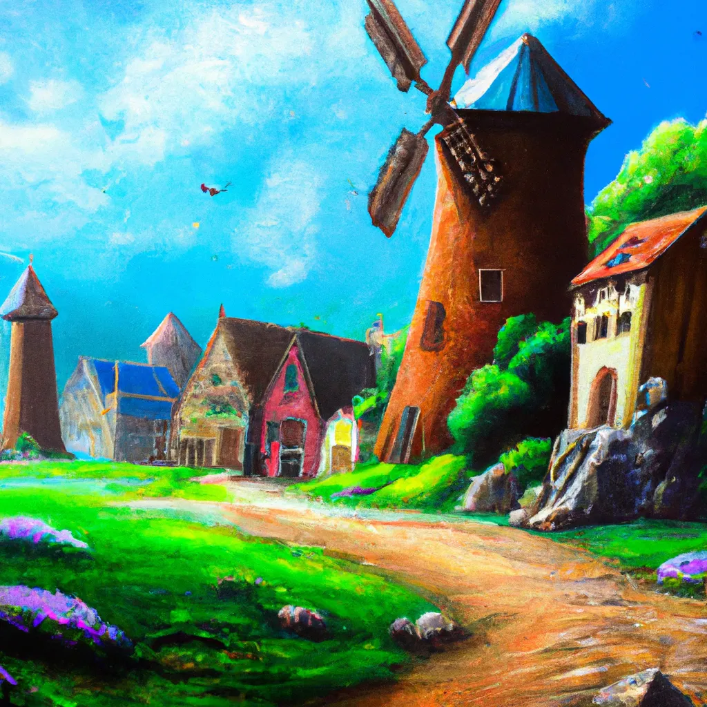 Prompt: oil painting of a high fantasy village with green grass, blue skies, cobblestone streets, and a wildmill