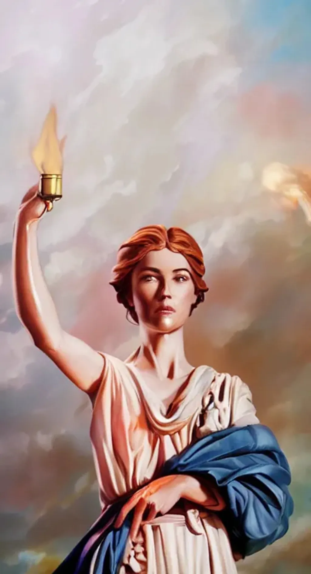 Prompt: a painting of a woman holding a torch, a statue, cgsociety, still image from the movie, greek mythology characters