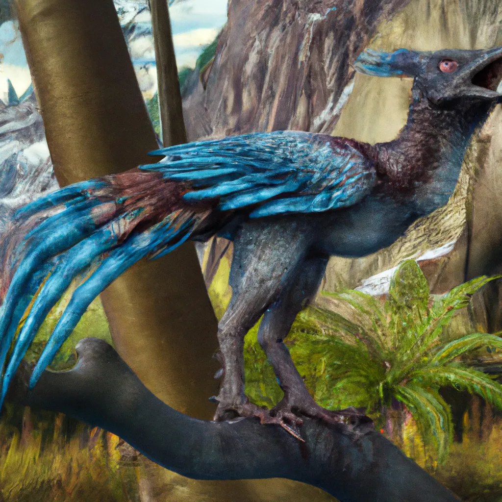 Prompt: The giant Archaeopteryx Corvid Steller's Jay chimera from the pre-historic era, in its habitat.  speculative evolution. Highly realistic accurate anatomical CGI representation, transitional features with birds, amazing colors and patterns on its feathers, hyperrealistic, ZBrush sculpt