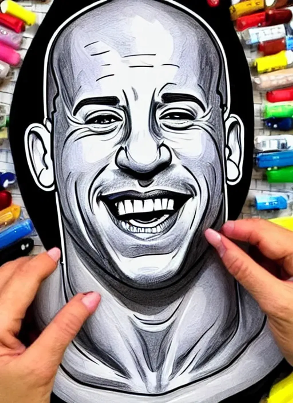 Prompt: ((((((((big big big big big head))))))), (((((((tiny tiny tiny tiny tiny tiny body)))))), Vin Diesel, big head tiny body, big smile, perfect teeth, perfect sparkling eyes, highly detailed facial features, perfect hands, perfect feet, comic style, caricature style, intricate, vivid color, highly detailed body,  cinematic, digital art, sharp focus, trending on art station, 