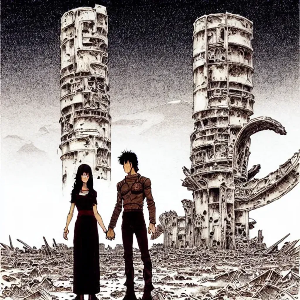 Prompt: strong Woman with dark hair with a Man with long dark brown hair wearing battlesuits while holding hands standing in alien dessert next to destroyed city ruins, by Makoto Kobayashi, by Moebius, by Jean Giraud, manga, anime style, 80's, Intricate, Hand drawn, concept art, grainy color, dim lighting, Anime Key Visual, beautiful composition