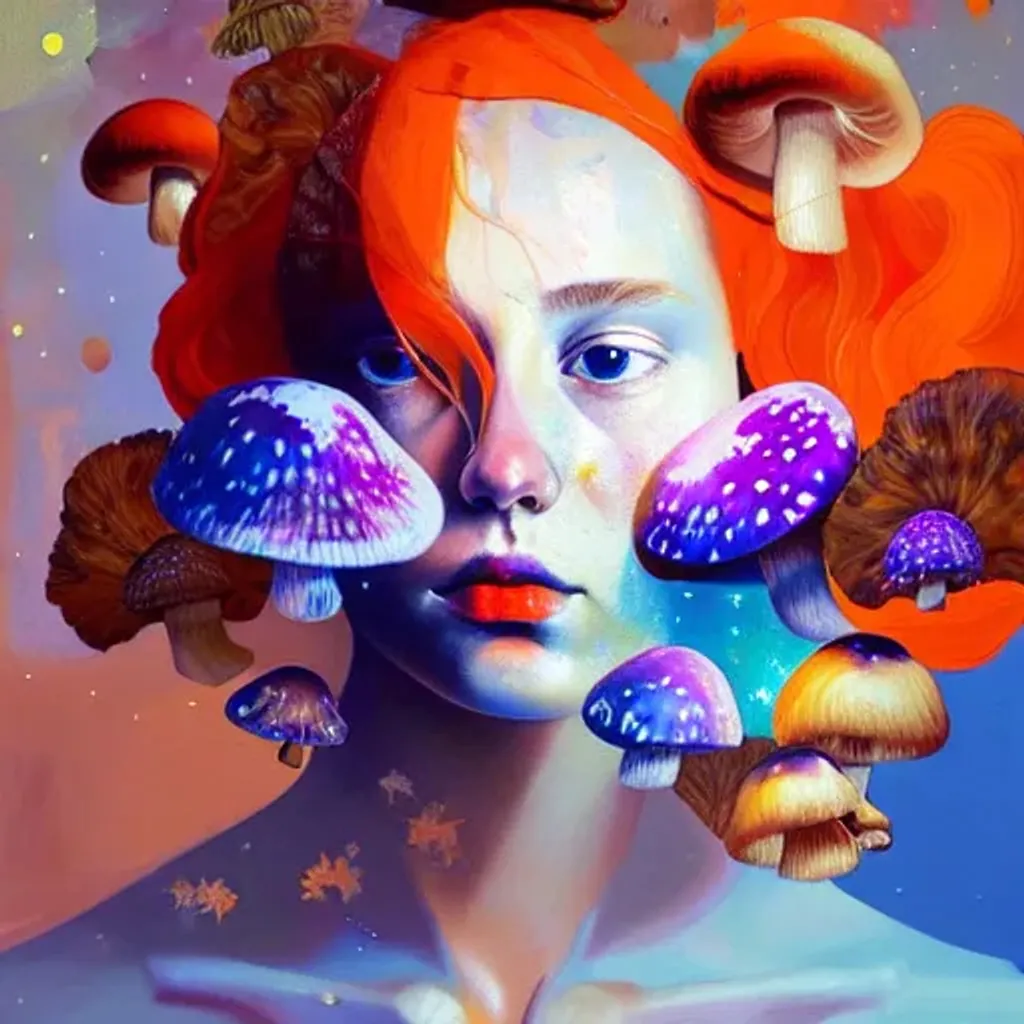 Prompt: Oil painting portrait by Ryan Hewett, Beautiful woman with mushrooms growing out of her hair, orange hair, orange lips, mushrooms, victo ngai, hq, fungi, celestial, moon, galaxy, stars 