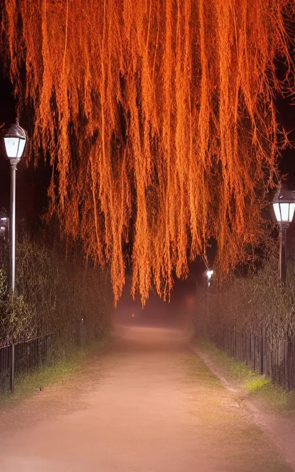 Prompt: dirt path with weeping willow tress, fence behind trees during night, with fog, street lamps