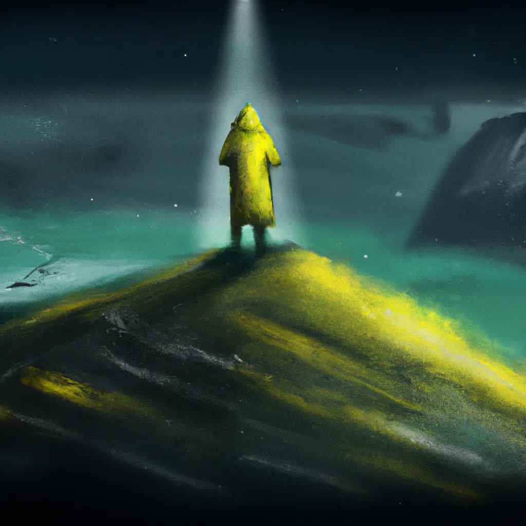 Prompt: Expressive surrealism digital airbrush hyper realistic ultra realistic sharp clear cinematic lighting horror darknes. Movie still poster of a man with a yellow coat on the top of a hill. Winter. Aurora borealis.