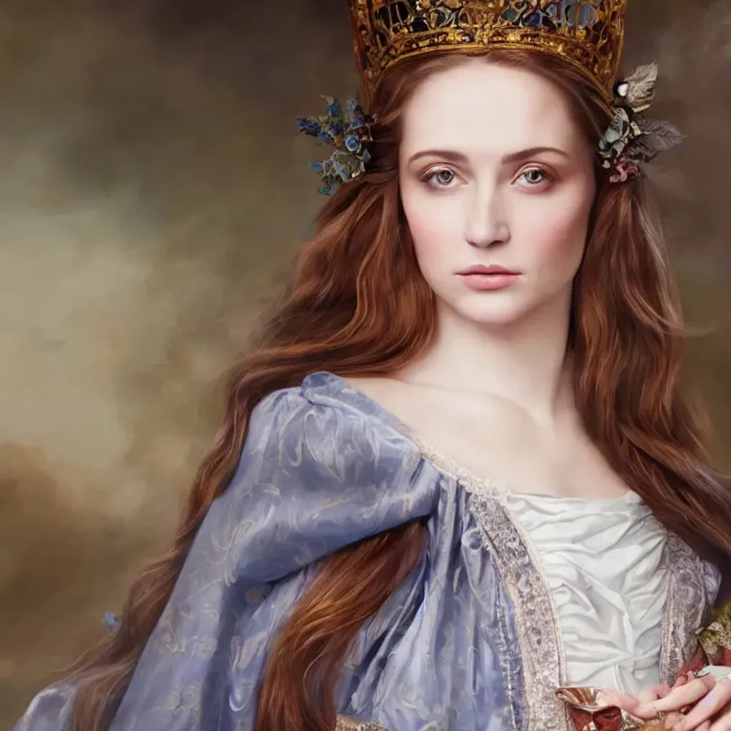 Prompt: hyper realistic painting portrait of a stunning medieval princess with beautiful eyes wearing a victorian dress and a cape