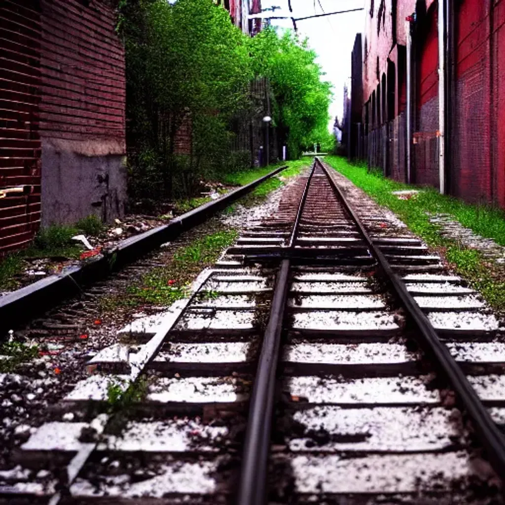 Prompt: abandoned railway in city alley, concrete ground with garbage, brick buildings, low light