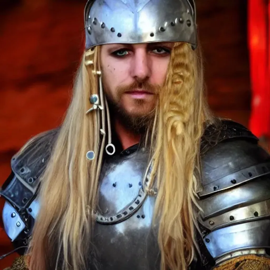 Prompt: Full face handsome pirate man with long blond hair, wearing metal armour. 