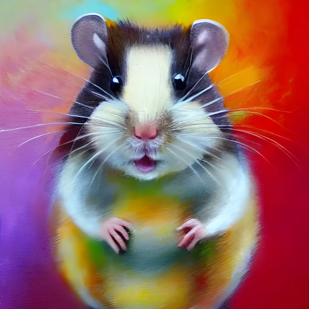 Prompt: a painting of a hamster on a colorful background, by Juliette Wytsman, impressionism, russ mill, colossal rat, delicate face, realistic oil on linen, autumn color, smiling male, award-winning painting, without text, moleksandra shchaslyva, rennaissance style painting, it has a piercing gaze