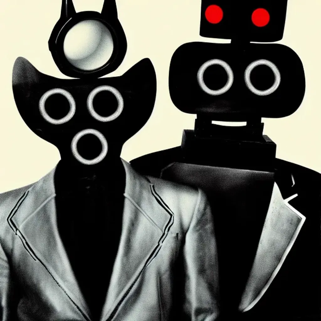 Prompt: two surrealistic 🧑🏿‍🤝‍🧑🏿😎🤪🐴robots from 80's movies, photo portrait