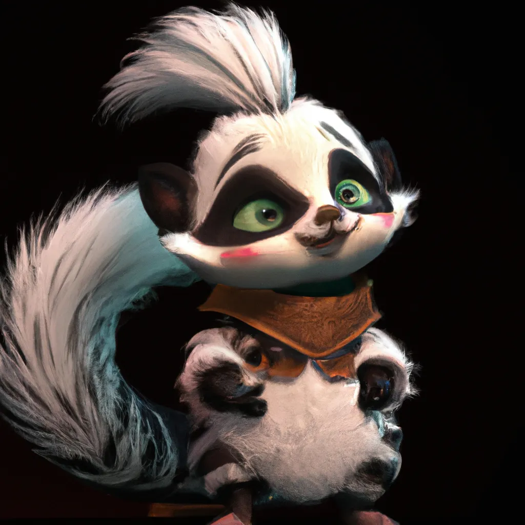 Prompt: High quality, Pixar style, tiny cute and adorable fluffy skunk  dressed in fantasy clothes, fantasy outfit, fantasy dress, small, adorable!, spotted skunk, anthropomorphic ,dnd, adventurer, dramatic lighting, 8k, portrait, cartoon, fine details, 3d render, cinematic ,intricate details, cinematic lighting, character design, character concept, cute, mascot,  adventure, dungeons and dragons, 8k, fluffy!, tsaoshin, pixar movie key visual, fantasy, DnD, adorable!, big eyes, animated, disney, anime, animation