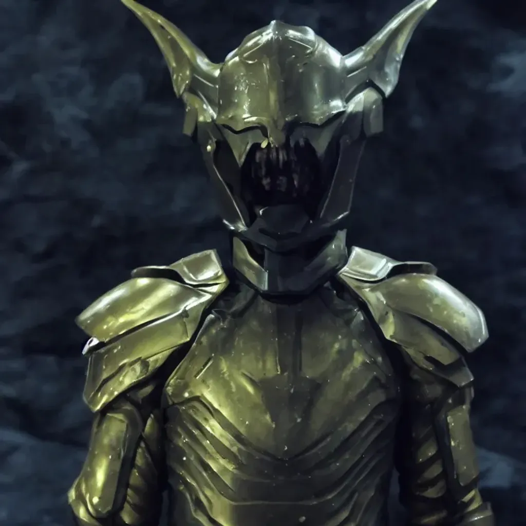 Prompt: Photo of golden goblin armor suit, dark background, dramatic lighting