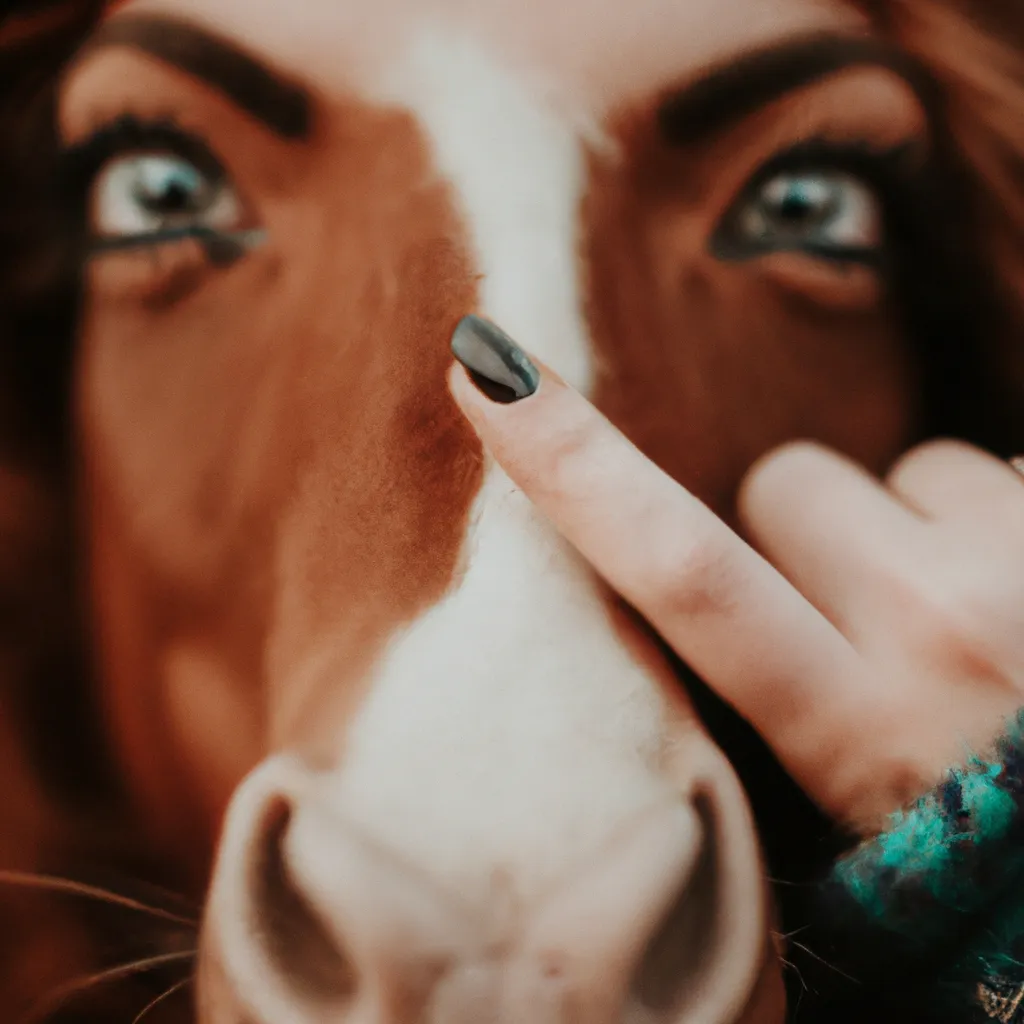 Prompt: photo of a cute woma's face that has a hybrid horse nose. She has a wide septum. Hand on her face. Red hair