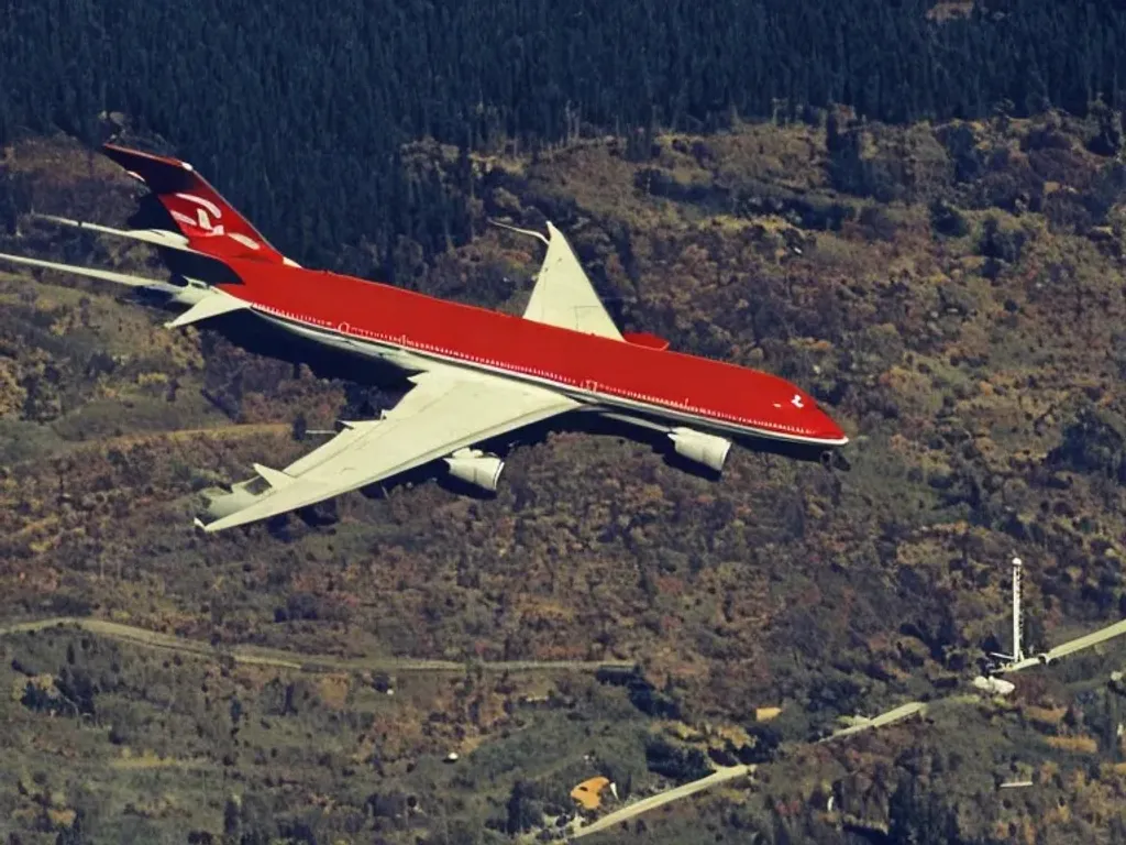 Prompt: Photo of a large jumbo jet, red body