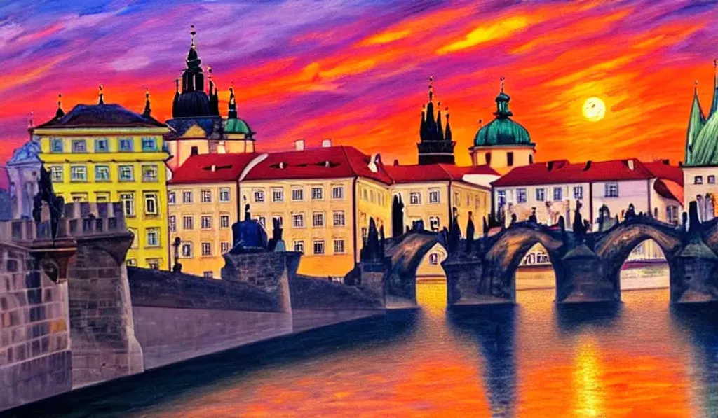 Prompt: oil painting of Charles bridge in Prague and the surrounding area with old buildings: : beautiful scenery : : 12mm : : painting : :  sunset : : nature 