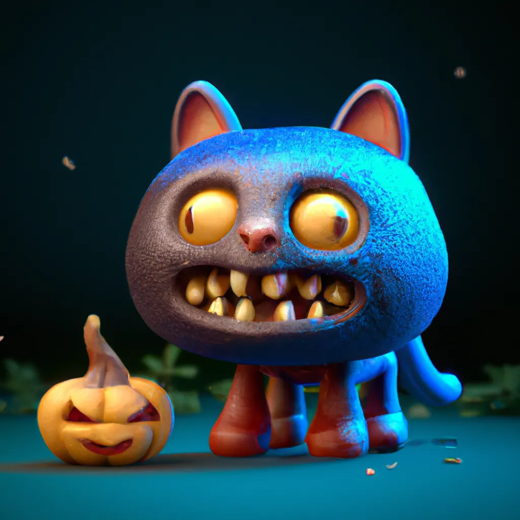 Prompt: cute 3D render of a colourful pumpkin head in a clay style, glowing eyes, with a small black witch cat beside, a frontal view, blue spooky forest background, substance 3d painted, blender, smooth texture, high resolution, trending on behance.net, by Carlos Behrens