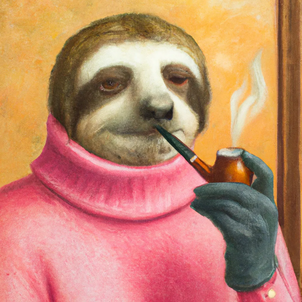 Prompt: An oil painting of a pipe smoking sloth wearing a pink knit turtleneck sweater. 