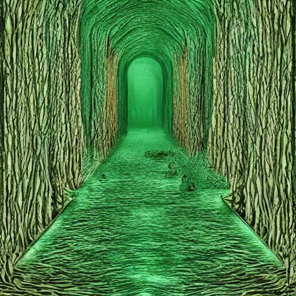 Prompt: Never ending green hallway, jagged rocks and urchins, slimy creatures, void that goes down to hell. God and the father. God and the truth. No Nonsense Liminal Space. Cancerous Tree Roots, Instant Spider Poison Death. No Auto-tune.