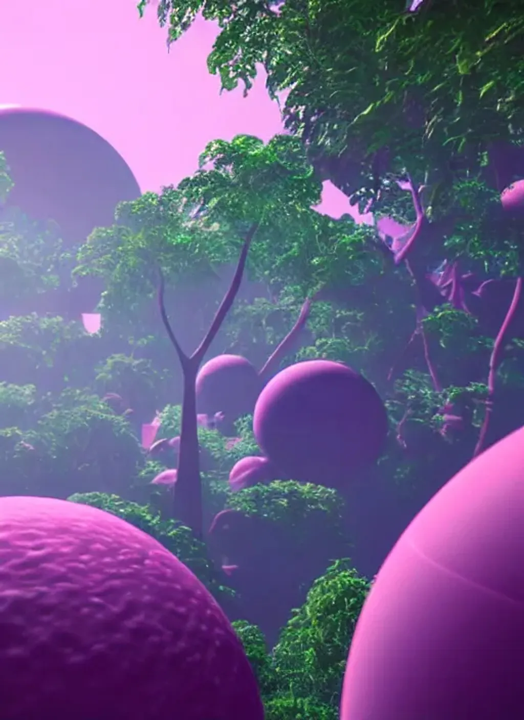 Prompt: A futuristic sci-fi bubble gum planet, 8k, lush jungle environment