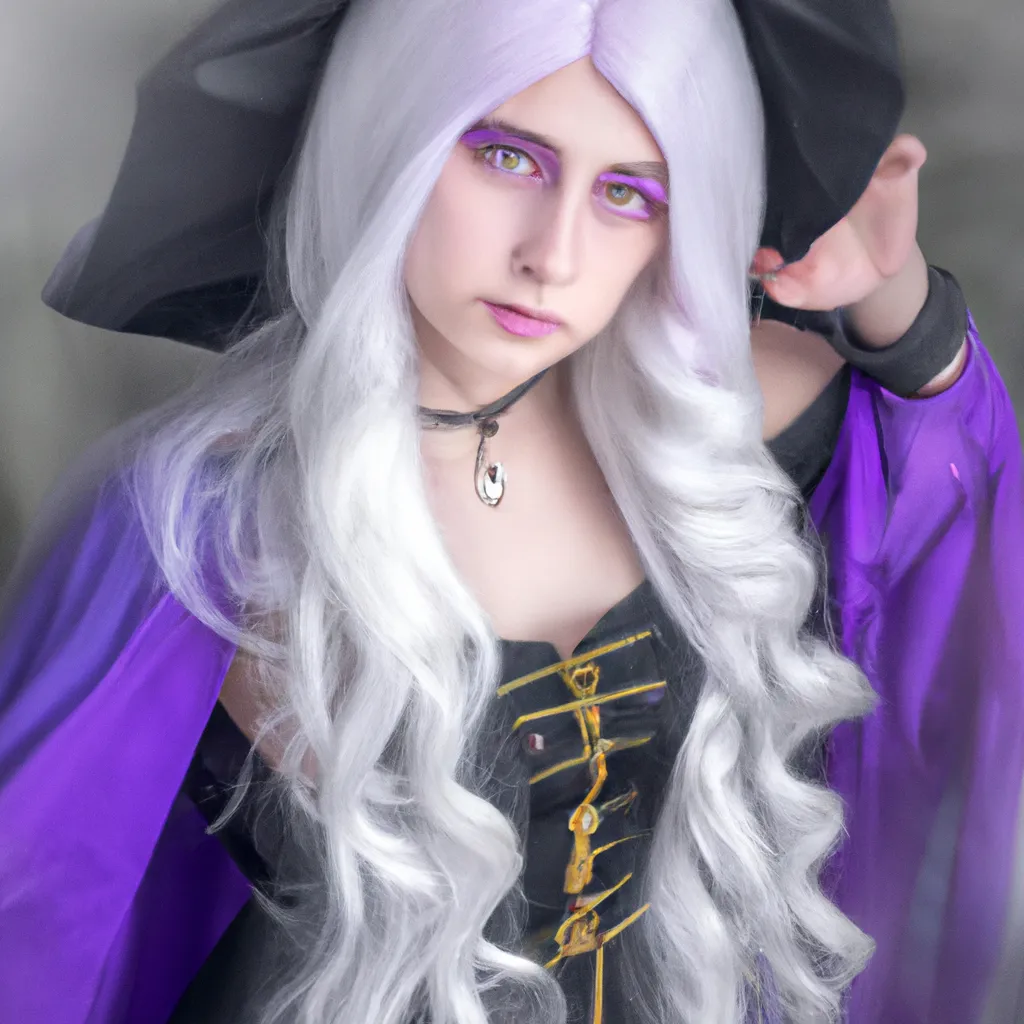 Prompt: A witch with long purple dress, white hair, neotenic eyes. photo realistic cosplay