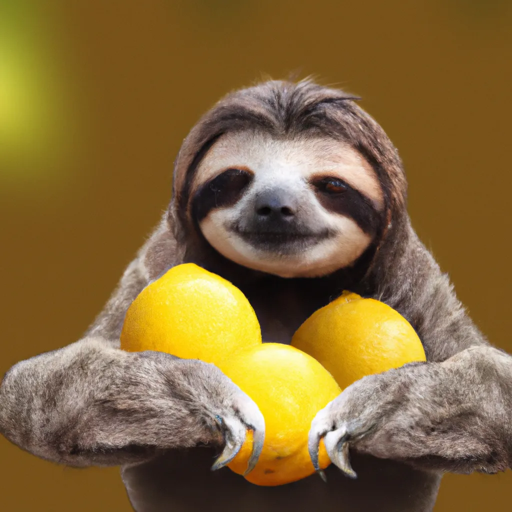 Prompt: A cute sloth holding lemons, professional photograph, high quality, highly detailed, trending