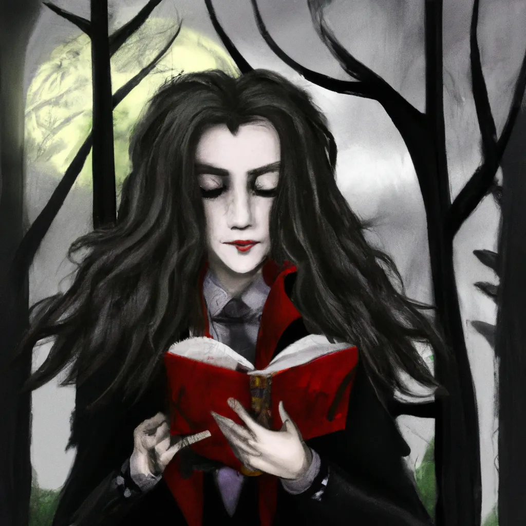 Prompt: A steampunk gothic vampire with long hair and red eyes, beautiful face, and a long black cape, with a dark rainy forest on the background, reading a book, digital art, art nouveau