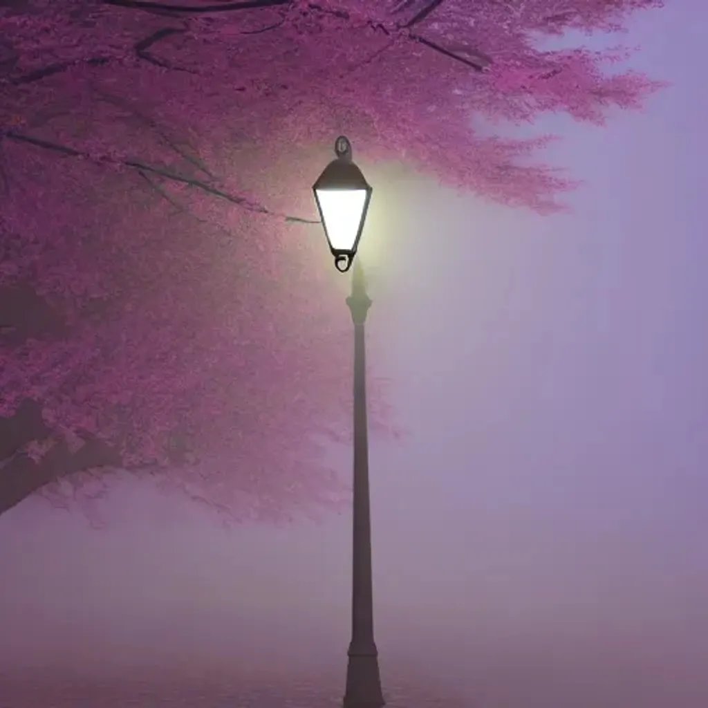 Prompt: low poly cherry blossom tree in the fog at night, with street lamp, soft colors