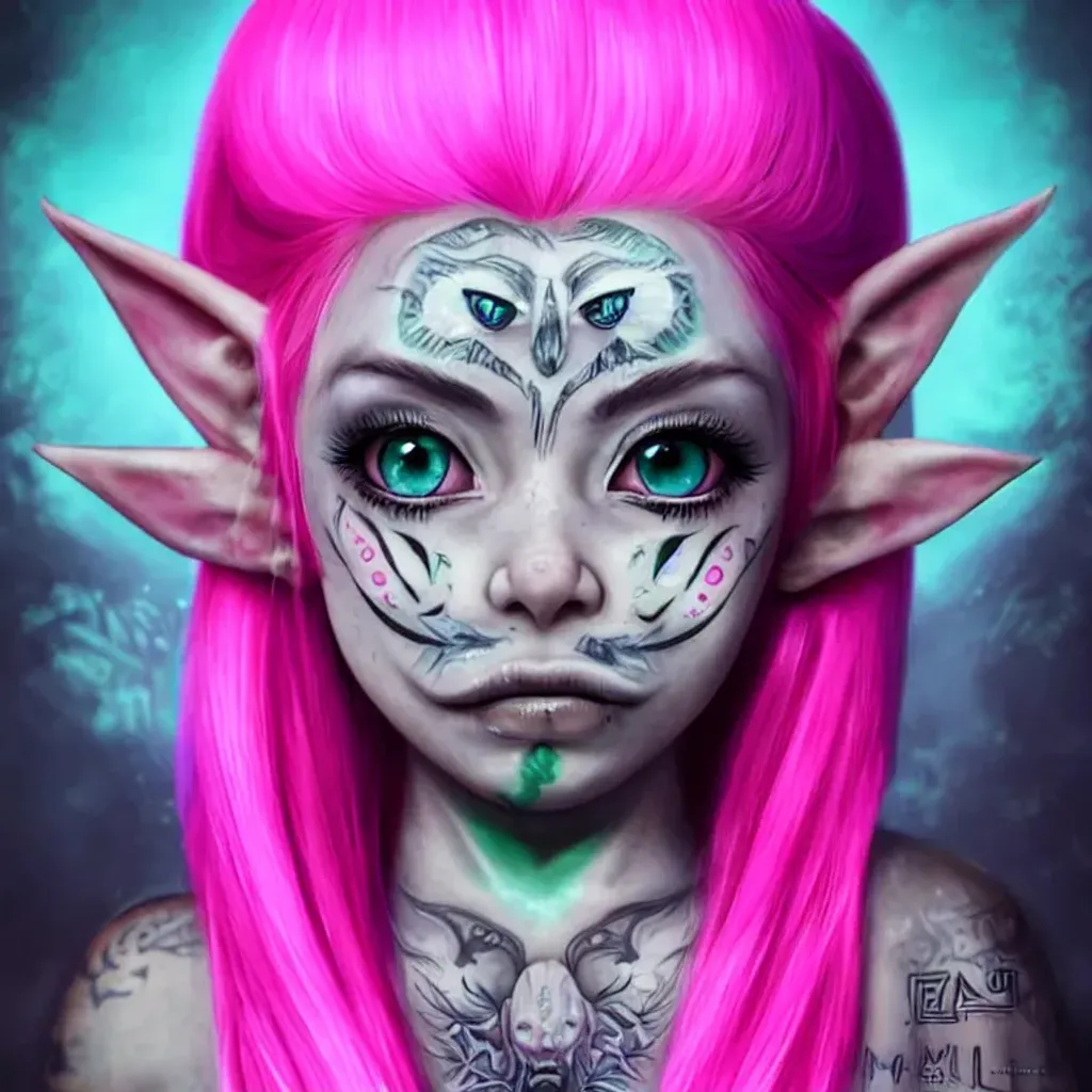 Prompt: Beautiful girl with big wide eyes, tribal face tattoos, long pointy elf ears, bubblegum pink hair, green sparkly eyes, third eye, front view, symmetrical, hyper realistic, soft lighting, intricate detail, life like detail, creepy kawaii art by Mai-jai, smooth detail, digital art, professional artist, fantasy, anime, mouth open showing fangs, remove green paint around mouth 