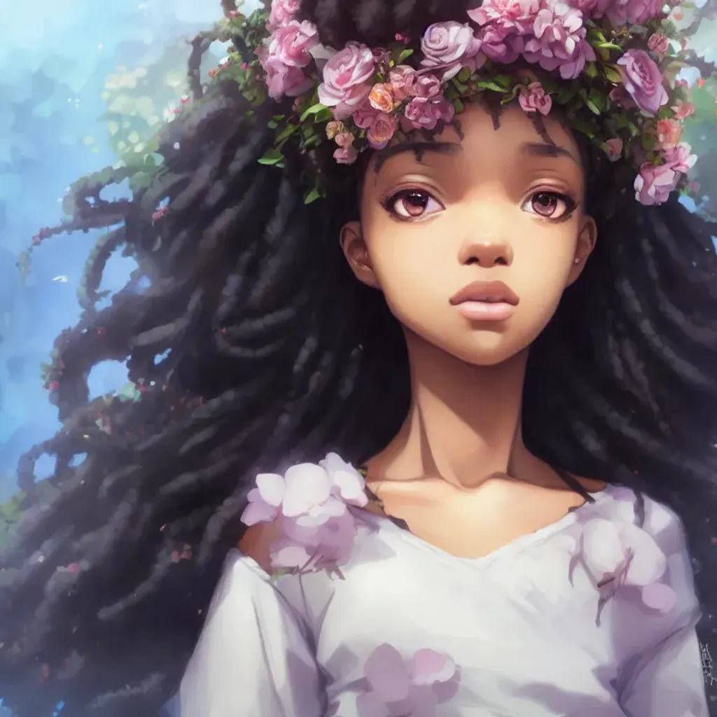 Prompt: Closeup face portrait of a black girl wearing crown of flowers, smooth soft skin, big dreamy eyes, beautiful intricate colored hair, symmetrical, anime wide eyes, soft lighting, detailed face, by makoto shinkai, stanley artgerm lau, wlop, rossdraws, concept art, digital painting, looking into camera