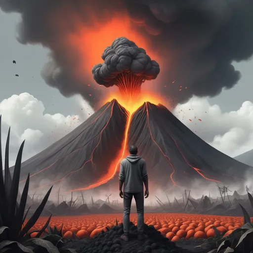Prompt: a man standing in front of a volcano with a lava cloud in the background. fantasy art, dystopian art, concept art. The man wears simple grey clothes that are ripped and torn. We only see the back side of the man. The man is standing in a vegetable garden that is withering away and some cockroaches are roaming around him. There’s a play with perspective in the image: the man appears small in comparison to the volcano. The sky is grim.