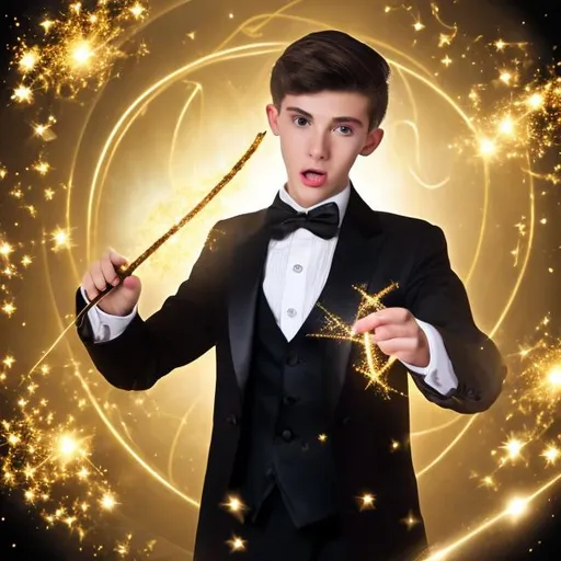Prompt: 16 year old boy magician boy in a tuxedo casting a spell with his magic wand on in a polo scared and surprised at the gold sparkly magic spell flying straight at him