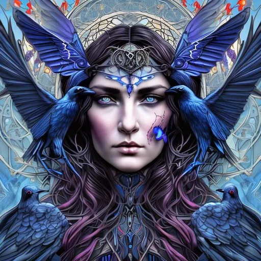 Prompt: ultra realistic   raven face goddess of faith surrounded by dark blue and red butterfly's, and two ravens on both sides in art nouveau plus digital art style