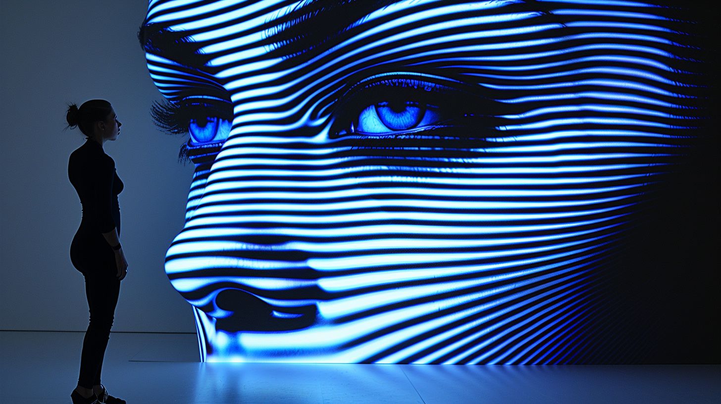 Prompt: Focus selective with out stand features Certain influences futurist strong with installation multimedia a to alluding blue dark and bronze light blends backdrop The experience visual unique a offering wavetracing quantum by enhanced is scene The reflections chrome mirrors surface the where stripes, white and black with patterned face a of art Digital.