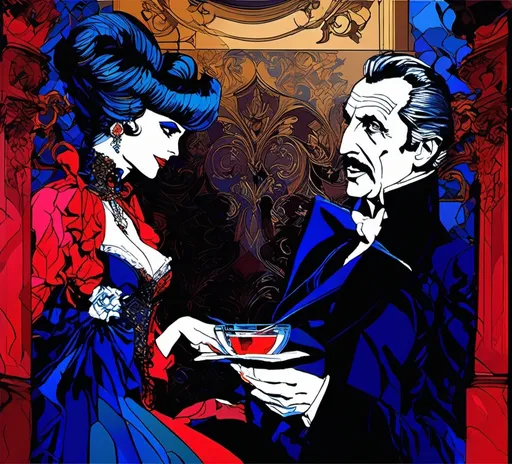 Prompt: (Vincent Price as Van Hellsing conversing with Peter Cushing as Count Dracula), Black and White pen and ink sketch style, dark color scheme, elegantly gothic attire, intricate details, dim lighting, dramatic shadows, opulent background, luxurious textures, ornate furniture, deep reds and blacks, baroque patterns, solemn atmosphere, rich color tones, dark romanticism, ultra-detailed, 4K, photorealistic masterpiece, timeless elegance.