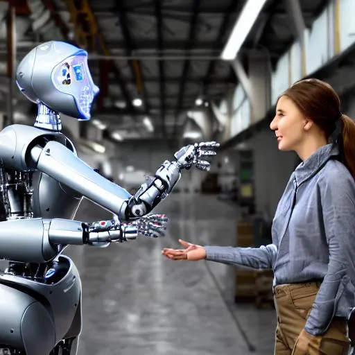 Prompt: interaction between a woman and a robot in an industrial environment