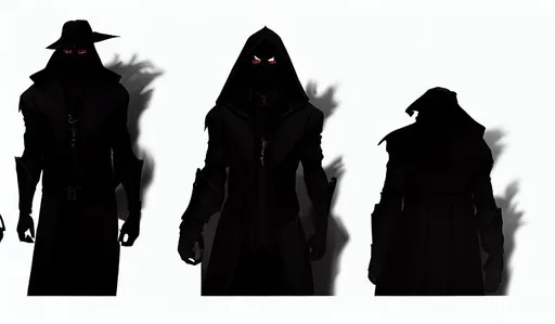 Prompt: Three very diffrent bodyshape, shadow creatures. Solid black, with only white eyes visible. Wearing hats or hoods 