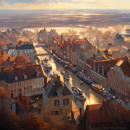 Prompt: bird's eye view of a beautiful painting of a small, sleepy Midwest small town by greg rutkowski, trending on artstation