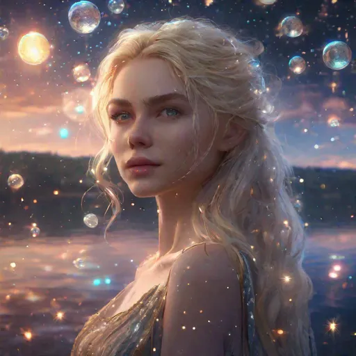 Prompt: Portrait of a beautiful girl surrounded by stars, standing at a lake. Flowing opal blonde hair, surrounded by orbs of gentle pale gold light, detailed matte painting, deep color, fantastical, intricate detail, splash screen, complementary colors, fantasy concept art, 8k resolution trending on Artstation Unreal Engine 5