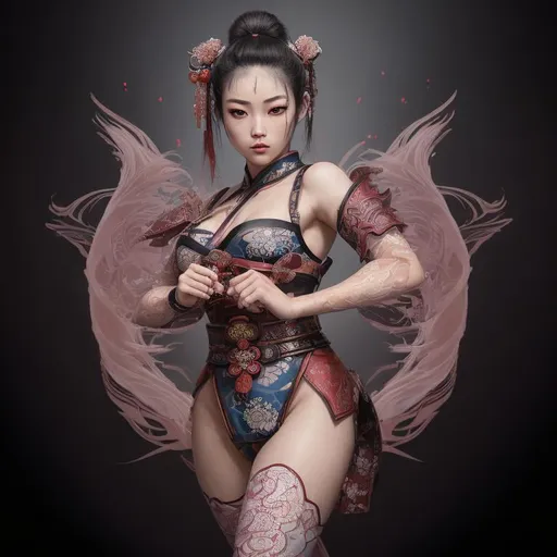 Prompt: Professional multiple exposure Photo Realistic Image of a hyper stylized martial artist beautiful perfect young East Asian Woman, perfect super cute face, absolute proportions, amazing body, intricate hyper detailed random color hair, intricate hyper detailed Geisha style makeup, intricate hyper detailed full body visible, lean feminine body, leather and lace outfit, mythical ninja Assassin,

In a surreal ancient east Asian village, cherry trees lining the street,

HDR, UHD, high res, 64k, cinematic lighting, special effects, hd octane render, professional artist, studio lighting,

by Artstation illustrators, by DevianArt illustrators, intricate details, face,  full body portrait, headshot, illustration, UHD, 4K