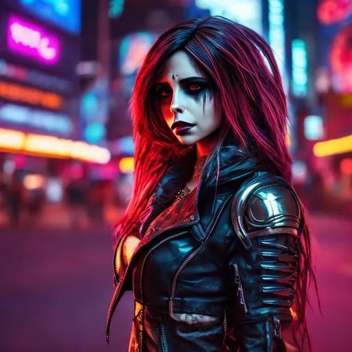 Prompt: full body and face of a female  vampire, eliza dushku, tanned skin, cyberpunk setting, neon wig, wild, bloody, cinematic lighting, highly detailed, photo realistic, smooth