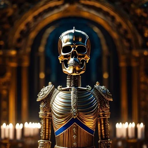 Prompt: Realistic photo of Emperor skeleton centered in frame in full hd, ultra realistic, highly detailed, 8k. Soft lighting 